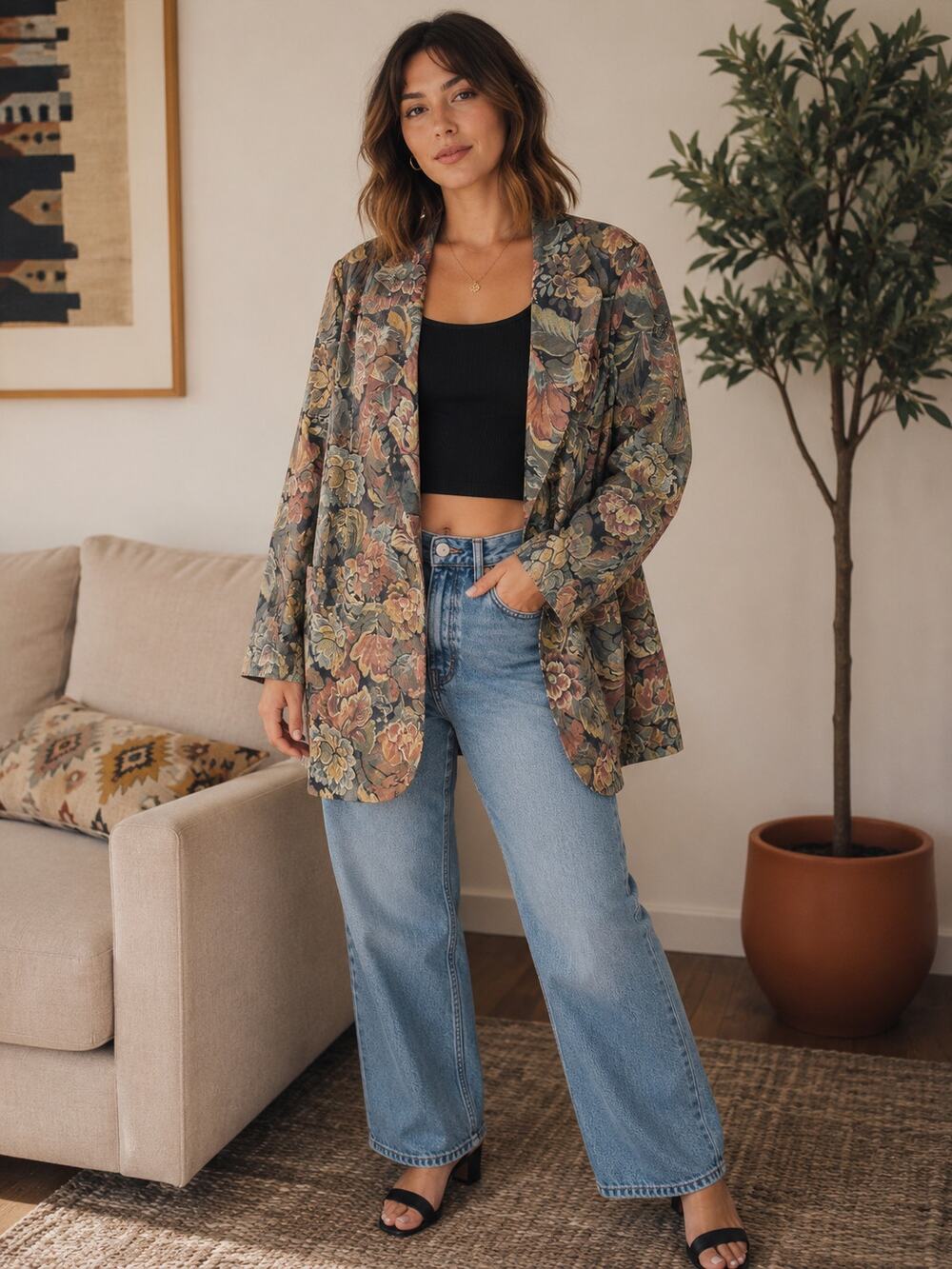 VTG Copy Cats Vintage Brown Tapestry Floral Suede Oversized Blazer Jacket Large